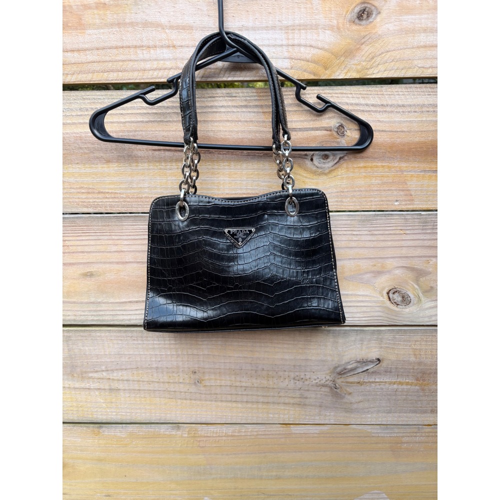 Black Croc Embossed Leather Shoulder Bag Chain Strap Triangle Logo